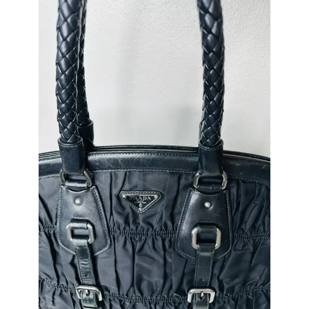 Prada Vintage 90s Black Nylon & Leather Buckle Braided Handle Purse - Picture 5 of 16